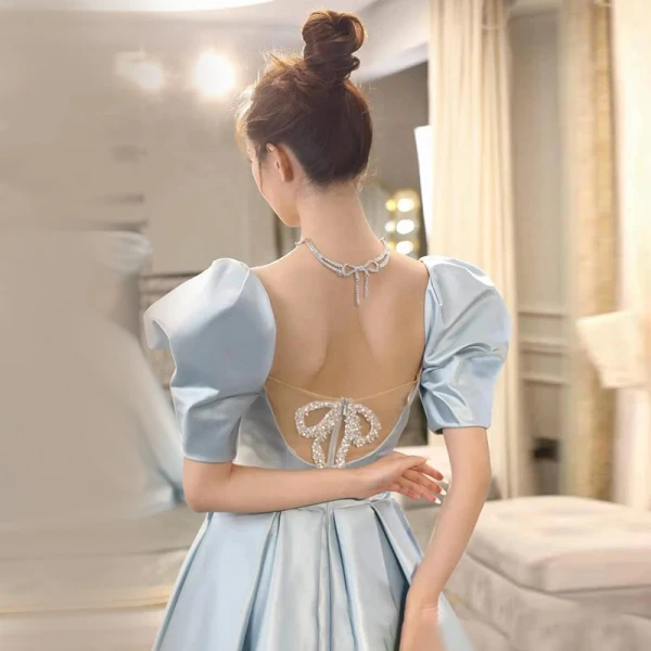 Vintage / Retro Sky Blue Satin Prom Dresses 2021 A-Line / Princess Square Neckline Short Sleeve Backless Beading Bow Floor-Length / Long Prom Formal Dresses