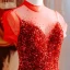 Vintage / Retro Red Sequins Prom Dresses 2021 A-Line / Princess Scoop Neck Short Sleeve Floor-Length / Long Prom Formal Dresses