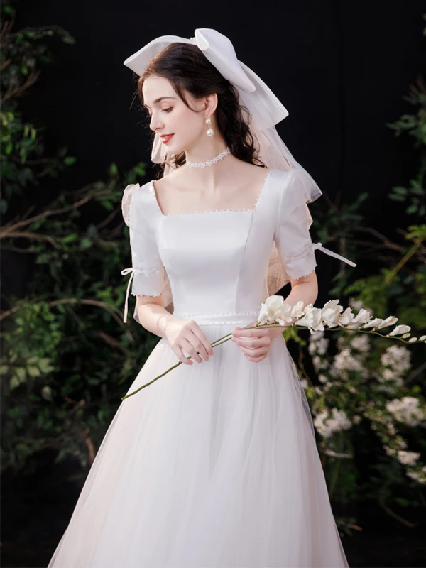 Schlicht Elegante Ivory / Creme Satin Brautkleider / Hochzeitskleider 2021 A Linie Perle Eckiger Ausschnitt 1/2 Ärmel Rückenfreies Schleife Lange Hochzeit
