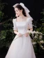 Schlicht Elegante Ivory / Creme Satin Brautkleider / Hochzeitskleider 2021 A Linie Perle Eckiger Ausschnitt 1/2 Ärmel Rückenfreies Schleife Lange Hochzeit