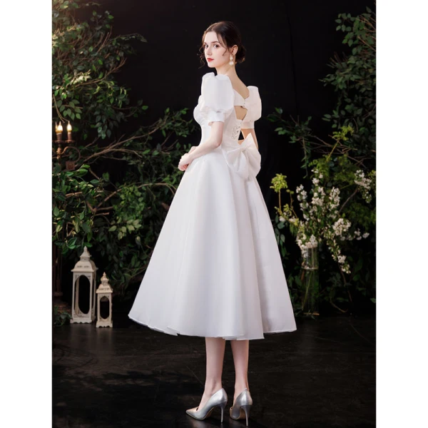Vintage Schlicht Ivory / Creme Satin Brautkleider / Hochzeitskleider 2021 A Linie Eckiger Ausschnitt Kurze Ärmel Rückenfreies Schleife Wadenlang Hochzeit