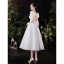 Vintage Schlicht Ivory / Creme Satin Brautkleider / Hochzeitskleider 2021 A Linie Eckiger Ausschnitt Kurze Ärmel Rückenfreies Schleife Wadenlang Hochzeit
