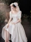 Schlicht Vintage Ivory / Creme Satin Brautkleider / Hochzeitskleider 2021 A Linie Eckiger Ausschnitt Kurze Ärmel Rückenfreies Schleife Wadenlang Hochzeit