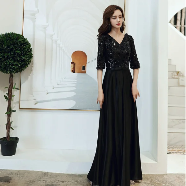 Chic / Belle Bordeaux Robe Demoiselle D'honneur 2021 Princesse V-Cou Appliques Paillettes 1/2 Manches Dos Nu Ceinture Longue Demoiselle D'honneur Robe Pour Mariage