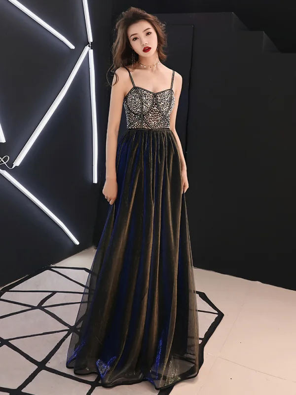 Sexy Noire Faux Diamant Paillettes Robe De Bal 2021 Princesse Bretelles Spaghetti Sans Manches Dos Nu Longue Soirée Robe De Ceremonie