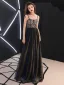 Sexy Noire Faux Diamant Paillettes Robe De Bal 2021 Princesse Bretelles Spaghetti Sans Manches Dos Nu Longue Soirée Robe De Ceremonie