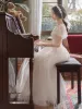 Elegante Ivory / Creme Brautkleider / Hochzeitskleider 2021 A Linie Rundhalsausschnitt Perle Spitze Blumen Kurze Ärmel Rückenfreies Lange Hochzeit