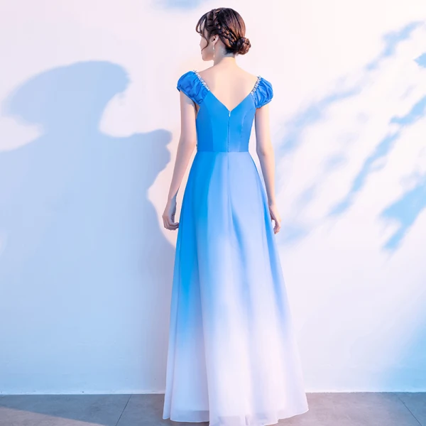 Traditional Pool Blue Gradient-Color Prom Dresses 2021 A-Line / Princess V-Neck Beading Rhinestone Sequins Short Sleeve Backless Floor-Length / Long Prom Formal Dresses