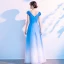 Traditional Pool Blue Gradient-Color Prom Dresses 2021 A-Line / Princess V-Neck Beading Rhinestone Sequins Short Sleeve Backless Floor-Length / Long Prom Formal Dresses