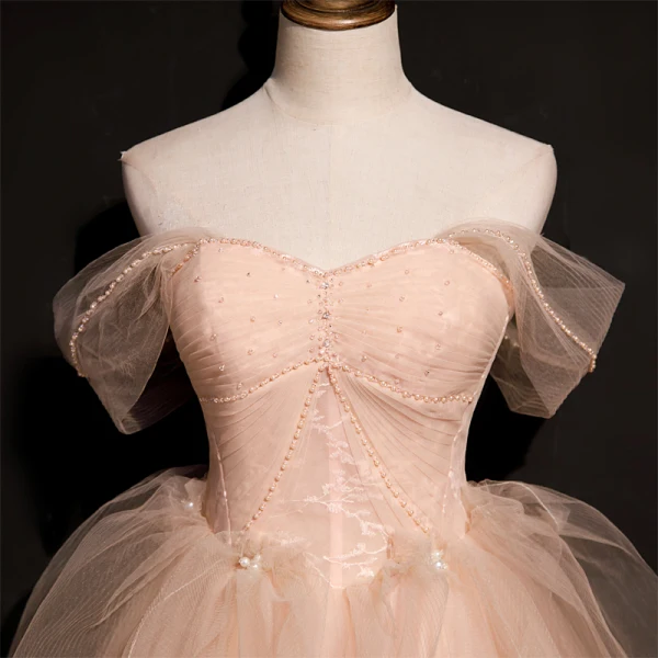 Chic / Beautiful Blushing Pink Prom Dresses 2021 A-Line / Princess Off-The-Shoulder Sleeveless Backless Beading Floor-Length / Long Prom Formal Dresses