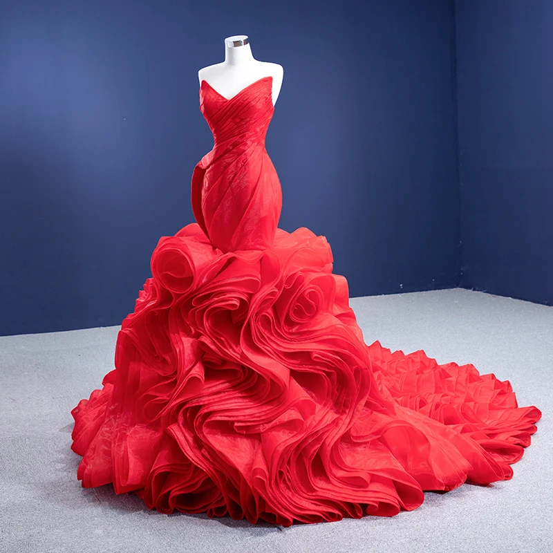 Sexy High-End Red Wedding Dresses 2021 Trumpet Mermaid Strapless Sleeveless Backless