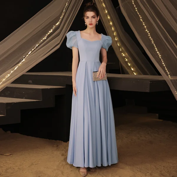 Vintage / Retro Modest / Simple Sky Blue Satin Evening Dresses Prom Dresses 2021 A-Line / Princess Pearl Square Neckline Short Sleeve Backless Floor-Length / Long Formal Dresses