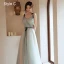 Modest / Simple Sky Blue Bridesmaid Dresses 2021 A-Line / Princess Short Sleeve Backless Bow Sash Floor-Length / Long Bridesmaid Wedding Party Dresses