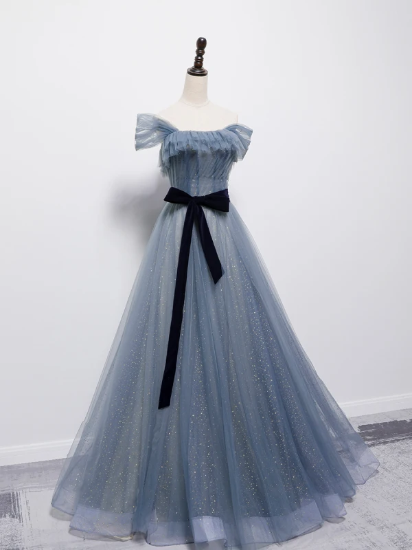 Fashion Sky Blue Glitter Prom Dresses 2021 A-Line / Princess Off-The-Shoulder Short Sleeve Backless Bow Floor-Length / Long Prom Formal Dresses