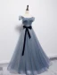 Fashion Sky Blue Glitter Prom Dresses 2021 A-Line / Princess Off-The-Shoulder Short Sleeve Backless Bow Floor-Length / Long Prom Formal Dresses