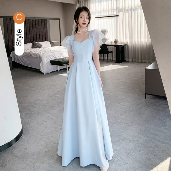Modest / Simple Sky Blue Satin Bridesmaid Dresses 2021 A-Line / Princess Off-The-Shoulder Short Sleeve Backless Floor-Length / Long Bridesmaid Wedding Party Dresses
