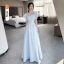 Modest / Simple Sky Blue Satin Bridesmaid Dresses 2021 A-Line / Princess Off-The-Shoulder Short Sleeve Backless Floor-Length / Long Bridesmaid Wedding Party Dresses