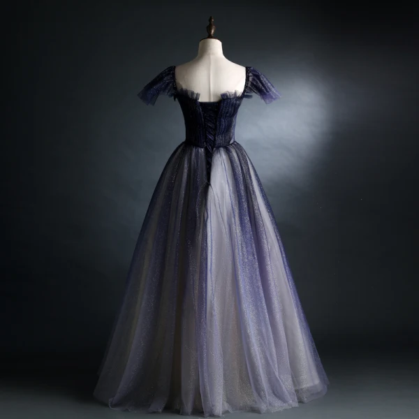 Vintage / Retro Navy Blue Glitter Prom Dresses 2021 A-Line / Princess Square Neckline Beading Crystal Short Sleeve Backless Floor-Length / Long Prom Formal Dresses
