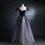 Vintage / Retro Navy Blue Glitter Prom Dresses 2021 A-Line / Princess Square Neckline Beading Crystal Short Sleeve Backless Floor-Length / Long Prom Formal Dresses