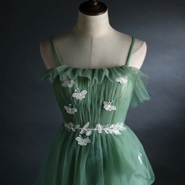 Chic / Beautiful Sage Green Prom Dresses 2021 A-Line / Princess Spaghetti Straps Lace Butterfly Sleeveless Backless Floor-Length / Long Prom Formal Dresses