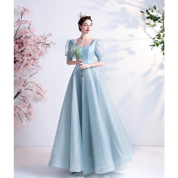 Vintage / Retro Sky Blue Prom Dresses 2021 A-Line / Princess Square Neckline Beading Pearl Sequins 1/2 Sleeves Backless Floor-Length / Long Prom Formal Dresses