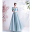Vintage / Retro Sky Blue Prom Dresses 2021 A-Line / Princess Square Neckline Beading Pearl Sequins 1/2 Sleeves Backless Floor-Length / Long Prom Formal Dresses