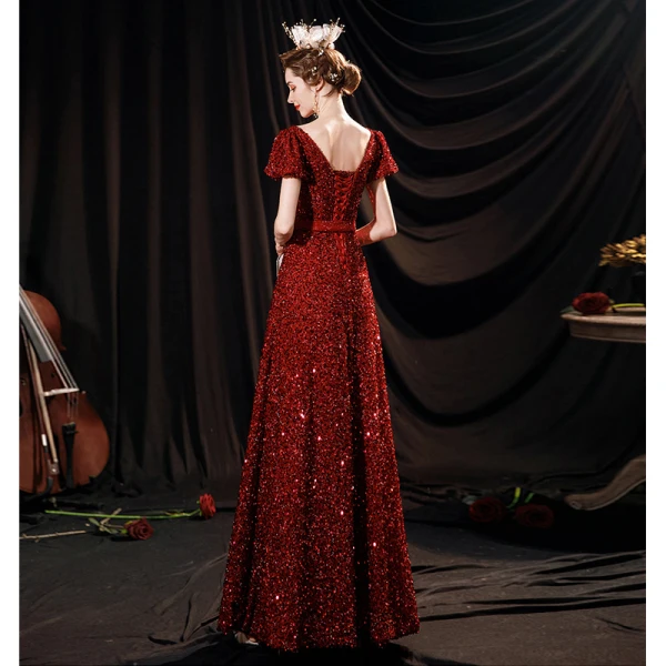 Sparkly Vintage / Retro Burgundy Prom Dresses 2021 A-Line / Princess Beading Sequins Sash Bow Scoop Neck Short Sleeve Backless Floor-Length / Long Prom Formal Dresses