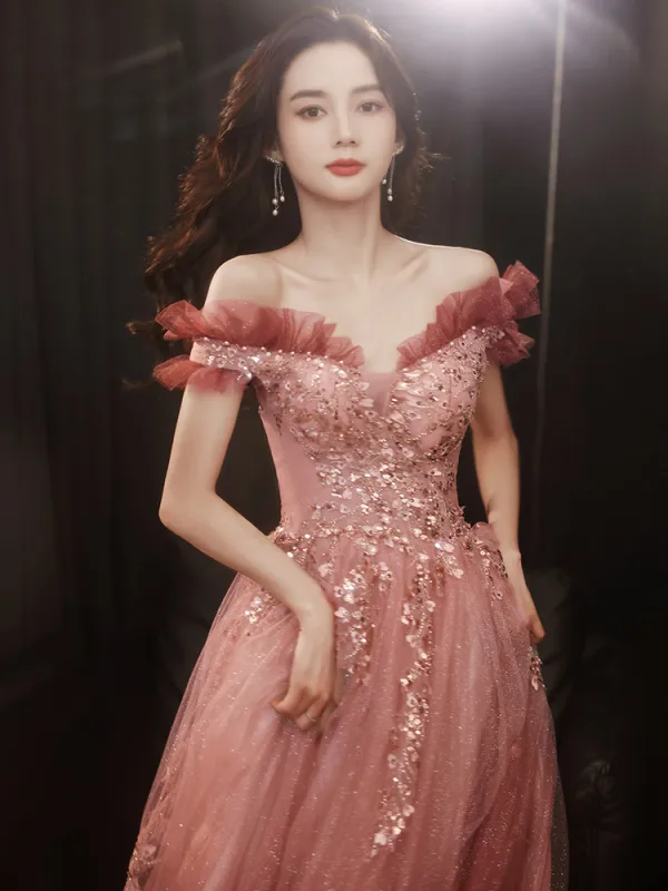Charmant Rose Sombre Robe De Bal 2021 Princesse De l'épaule Perlage Paillettes Manches Courtes Appliques Dos Nu Longue Promo Robe De Ceremonie