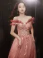 Charmant Rose Sombre Robe De Bal 2021 Princesse De l'épaule Perlage Paillettes Manches Courtes Appliques Dos Nu Longue Promo Robe De Ceremonie
