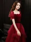 Élégant Bordeaux Daim Robe De Bal 2021 Princesse Encolure Carrée Manches Courtes Dos Nu Noeud Ceinture Longue Promo Robe De Ceremonie