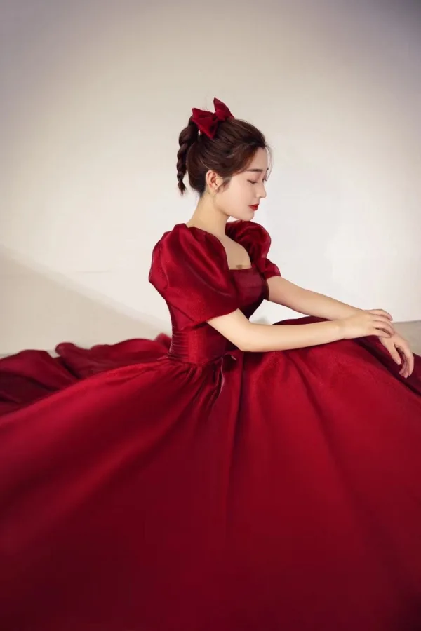 Vintage / Retro Modest / Simple Burgundy Prom Dresses 2021 A-Line / Princess Square Neckline Short Sleeve Backless Floor-Length / Long Prom Formal Dresses