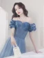 Charming Ocean Blue Evening Dresses  Prom Dresses 2021 A-Line / Princess Off-The-Shoulder Beading Short Sleeve Backless Prom Floor-Length / Long Formal Dresses