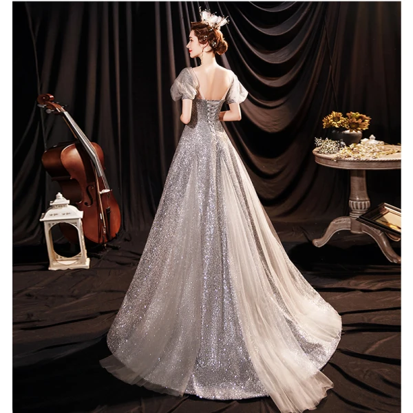 Vintage / Originale Scintillantes Argenté Glitter Paillettes Robe De Soirée Robe De Bal 2021 Princesse Encolure Dégagée Gonflée Manches Courtes Dos Nu Longue Robe De Ceremonie