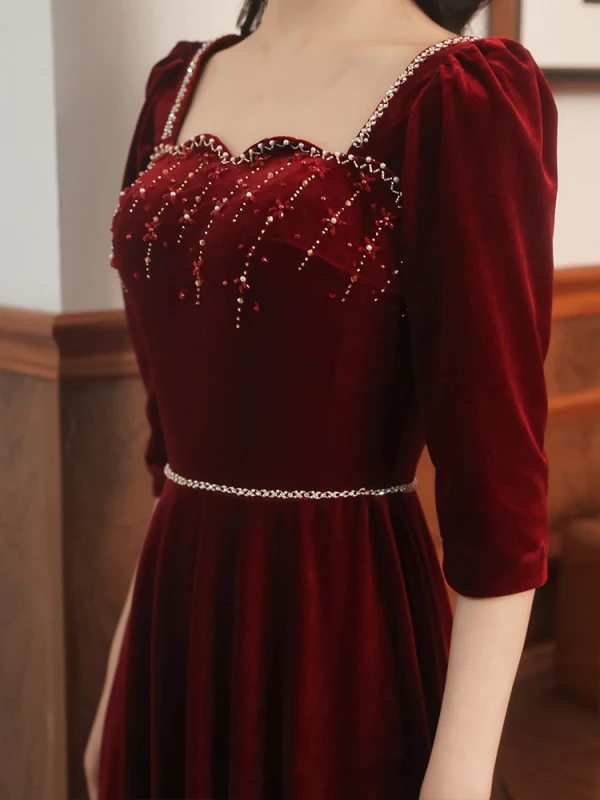 Charming Burgundy Suede Evening Dresses  2021 A-Line / Princess Square Neckline Rhinestone 1/2 Sleeves Backless Bow Floor-Length / Long Evening Party Formal Dresses