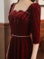 Charming Burgundy Suede Evening Dresses  2021 A-Line / Princess Square Neckline Rhinestone 1/2 Sleeves Backless Bow Floor-Length / Long Evening Party Formal Dresses