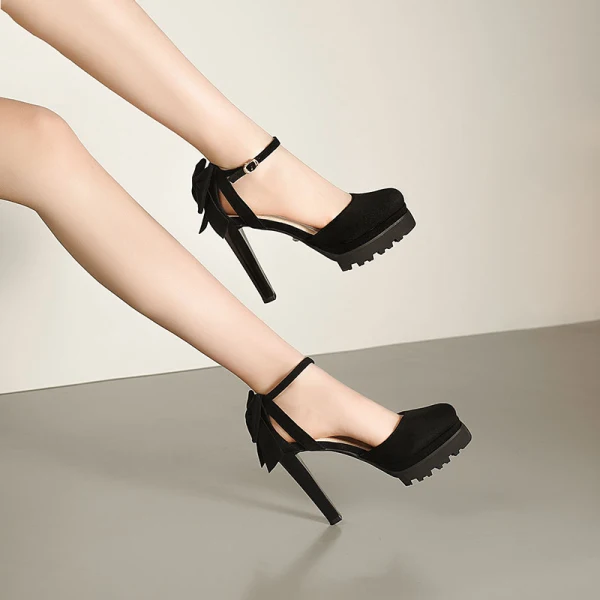 Mode Noire Soirée Daim Sandales Femme 2021 Cuir Bride Cheville Noeud 11 cm Talons Épais À Bout Rond Sandales Talons Hauts