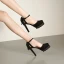 Mode Noire Soirée Daim Sandales Femme 2021 Cuir Bride Cheville Noeud 11 cm Talons Épais À Bout Rond Sandales Talons Hauts