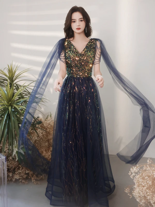 Scintillantes Bleu Marine Robe De Soirée 2021 Princesse V-Cou Perlage Cristal Paillettes Gland Sans Manches Dos Nu Longue Soirée Robe De Ceremonie