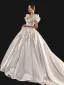 High-end Elegant Ivory Pearl Satin Wedding Dresses 2021 Ball Gown Square Neckline Short Sleeve Backless Bow Court Train Wedding