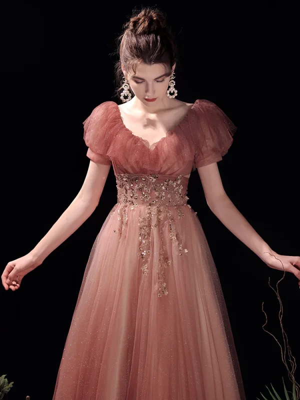 Charming Watermelon Glitter Prom Dresses 2021 A-Line / Princess V-Neck Beading Rhinestone Sequins Short Sleeve Floor-Length / Long Prom Formal Dresses