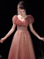 Charming Watermelon Glitter Prom Dresses 2021 A-Line / Princess V-Neck Beading Rhinestone Sequins Short Sleeve Floor-Length / Long Prom Formal Dresses