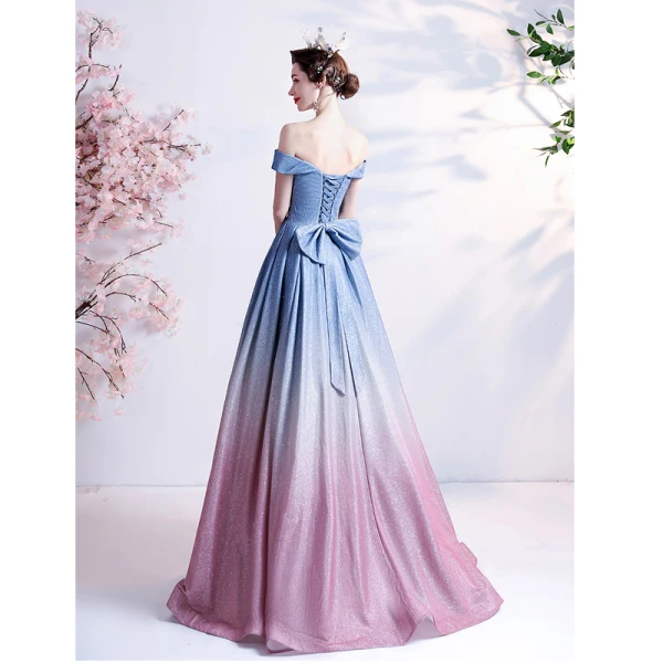Fashion Gradient-Color Sky Blue Glitter Prom Dresses 2021 A-Line / Princess Off-The-Shoulder Short Sleeve Backless Bow Floor-Length / Long Prom Formal Dresses