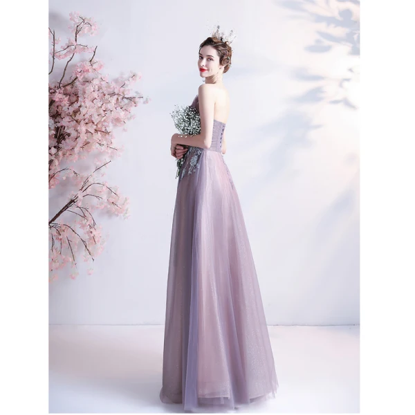 Fashion Lavender Prom Dresses 2021 A-Line / Princess Strapless Beading Pearl Sequins Lace Flower Sleeveless Backless Floor-Length / Long Formal Dresses