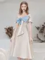 Fashion Champagne Bow Graduation Dresses 2021 A-Line / Princess Homecoming Off-The-Shoulder Short Sleeve Backless Tea-length Formal Dresses
