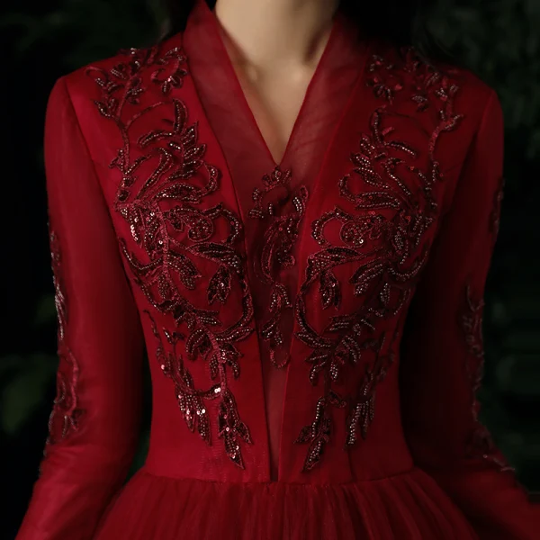 Charming Red Evening Dresses  2021 A-Line / Princess V-Neck Beading Sequins Lace Flower 3/4 Sleeve Floor-Length / Long Evening Party Formal Dresses