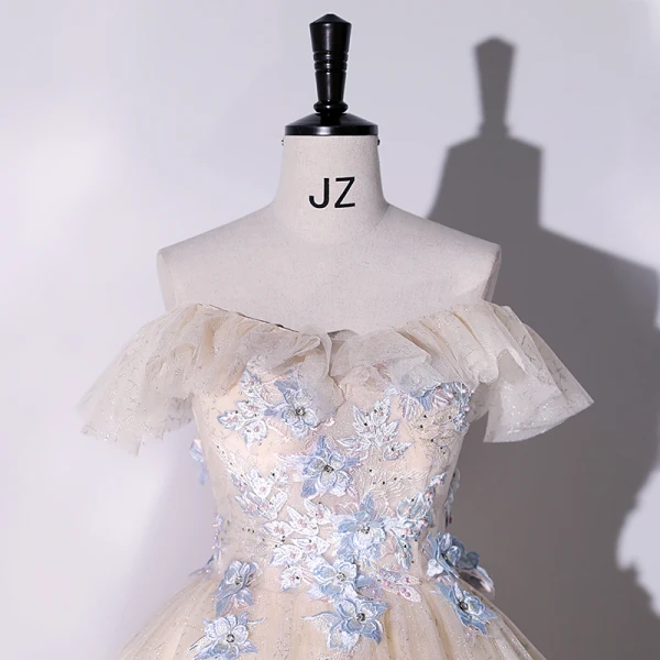 Elegant Champagne Prom Dresses 2022 Ball Gown Off-The-Shoulder Pearl Lace Flower Short Sleeve Floor-Length / Long Formal Dresses