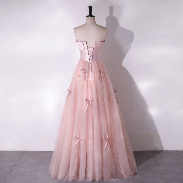 Lovely Blushing Pink Bow Beading Prom Dresses 2024 A-Line / Princess Strapless Sleeveless Backless Floor-Length / Long Prom Formal Dresses