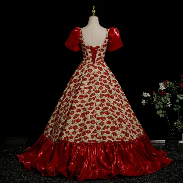 Fancy Burgundy Rhinestone Floral Prom Dresses 2025 Ball Gown Square Neckline Satin Short Sleeve Backless Floor-Length / Long Formal Dresses