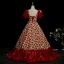 Fancy Burgundy Rhinestone Floral Prom Dresses 2025 Ball Gown Square Neckline Satin Short Sleeve Backless Floor-Length / Long Formal Dresses