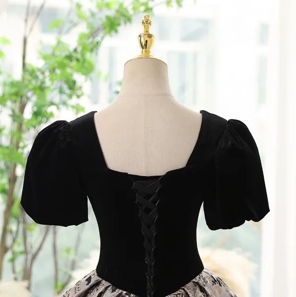 Elegant Black Printing Prom Dresses 2023 Ball Gown Square Neckline Rhinestone Short Sleeve Backless Floor-Length / Long Prom Formal Dresses